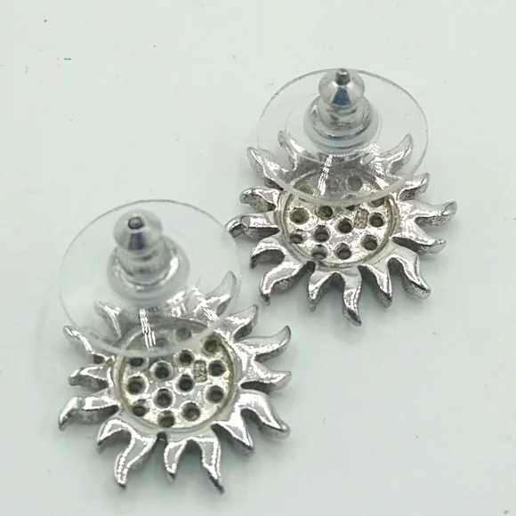 Silver Stamped S25 Starburst Sunburst Snowflake Rhinestone Post Back Earrings - Picture 4 of 7